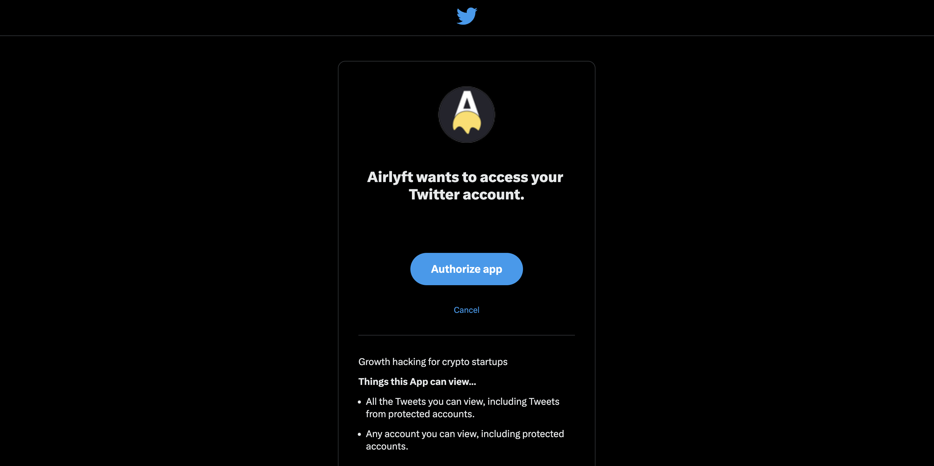 AirLyft asking permissions for Twitter access